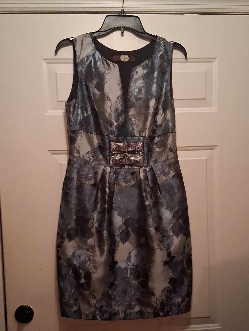 Eva Franco Cocktail Dress In Blue, Silver/grey With Rhinestone Buckle Detailing